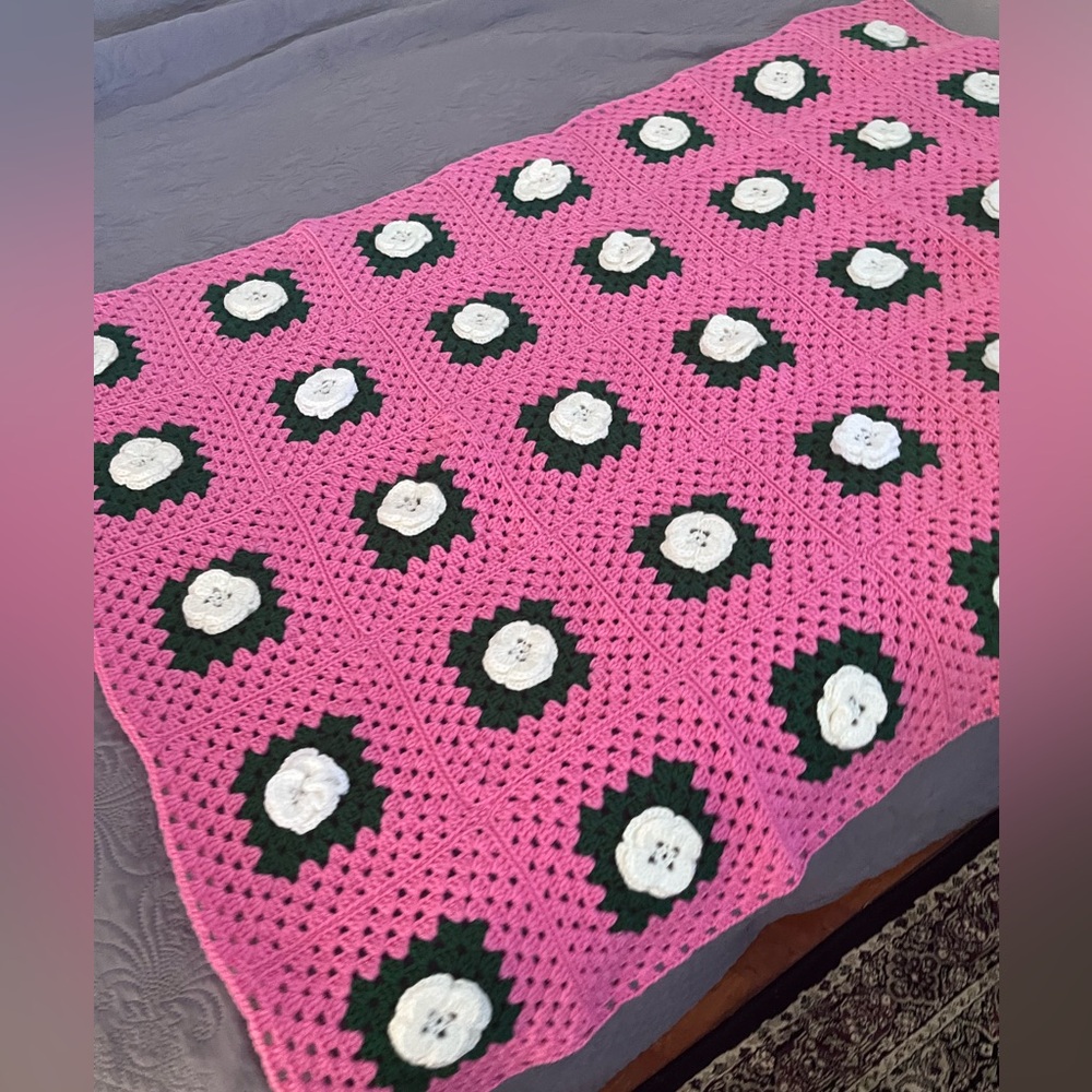 Pink Crochet Blanket with Floral Design granny core
